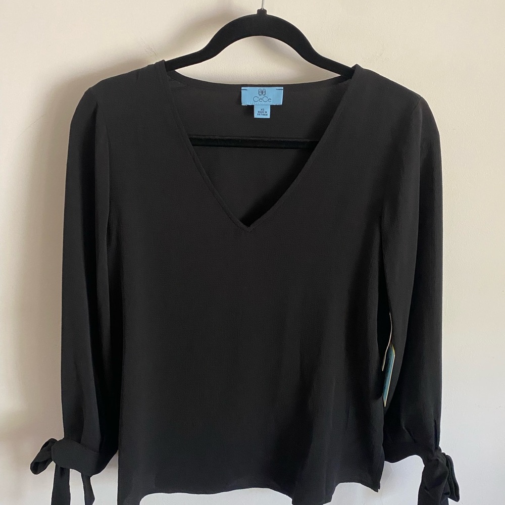 CeCe Black Semi-Sheer‎ V-Neck Blouse with Tie Cuffs Corporate Goth Alternative